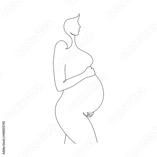 One line drawing of a happy pregnant woman, a silhouette photo of the mother. Vector illustration simplicity of design.