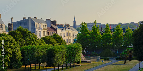 Square auguste mariette pacha with park and traditional houses on a sunny morning in Boulogne sur Mer, Oise, France, high angle view from the old city walls 