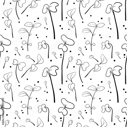 Microgreen sketch vector illustration. Green for home gardening. Seamless pattern with mustard and basil sprouts background