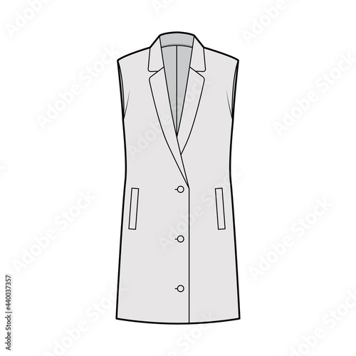 Sleeveless jacket lapelled vest waistcoat technical fashion illustration with button-up closure, pockets, oversized. Flat template front, grey color style. Women, men unisex top CAD mockup