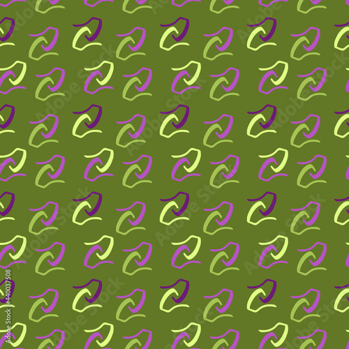 Pink, burgundy and light green curved lines on a green background. Seamless pattern. For wallpapers, textiles and backgrounds.