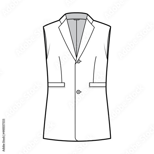 Sleeveless jacket lapelled vest waistcoat technical fashion illustration with notched collar, single breasted, pockets. Flat template front, white color style. Women, men unisex top CAD mockup