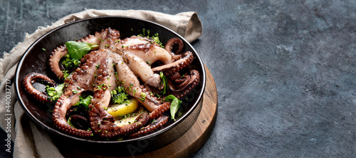Grilled octopus served with spices and lemon on gray background. Seafood concept. photo