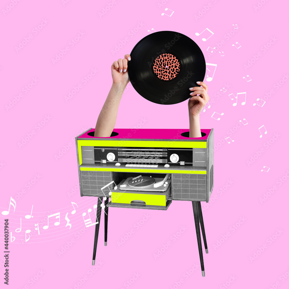 How to make a good sound. Female hands holding retro vinyl record against purple background. Music concept.