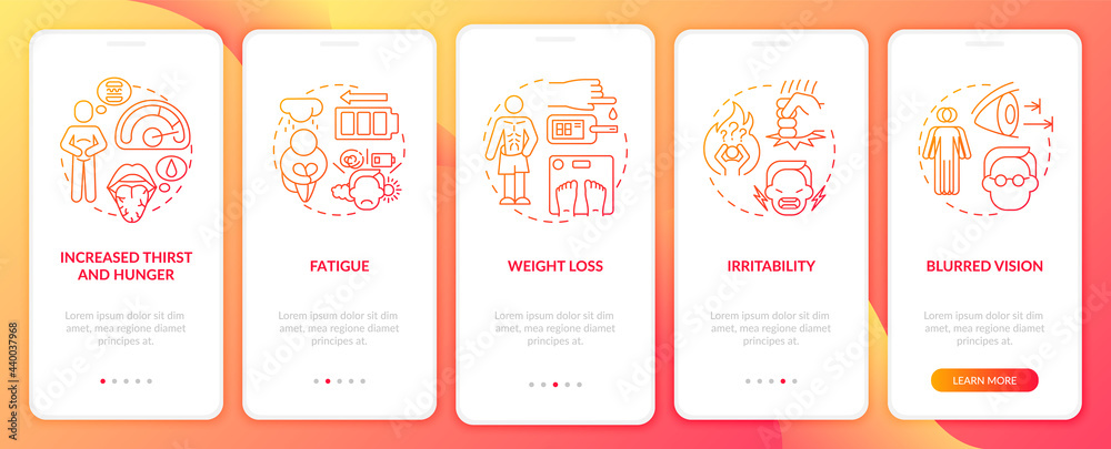 Diabetes symptoms onboarding mobile app page screen. Blurred vision walkthrough 5 steps graphic instructions with concepts. UI, UX, GUI vector template with linear color illustrations