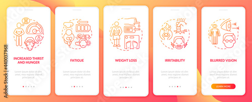 Diabetes symptoms onboarding mobile app page screen. Blurred vision walkthrough 5 steps graphic instructions with concepts. UI, UX, GUI vector template with linear color illustrations