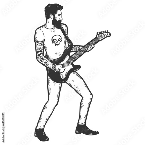Adult creative musician with electric concert guitar. Sketch scratch board imitation color.