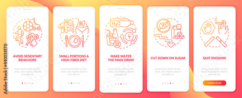 Diabetes prevention tips onboarding mobile app page screen. Water drink walkthrough 5 steps graphic instructions with concepts. UI, UX, GUI vector template with linear color illustrations