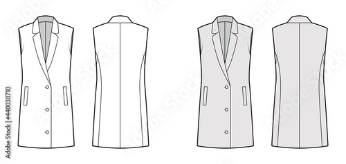 Sleeveless jacket lapelled vest waistcoat technical fashion illustration with button-up closure, pockets, oversized. Flat template front, back, white, grey color style. Women men unisex top CAD mockup