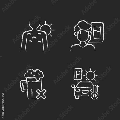 Sunstroke precaution chalk white icons set on dark background. Sunburn on skin. Thirst as symptom of heatstroke. Avoid alcohol, staying in hot car. Isolated vector chalkboard illustrations on black