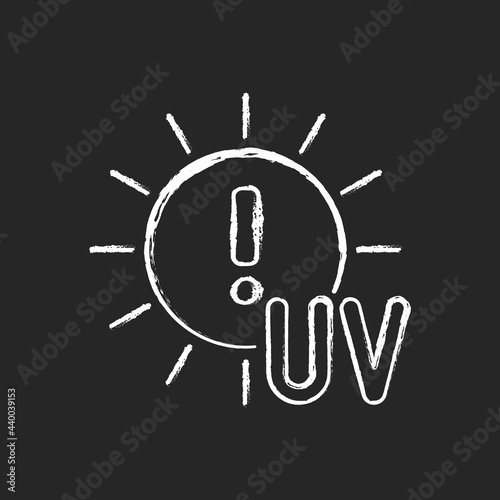 Danger of UV rays chalk white icon on dark background. Ultraviolet exposure risk during summer. Caution to prevent heat exhaustion. Sun overexposure. Isolated vector chalkboard illustration on black