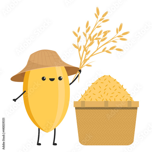 Rice character design. rice vector on white background. rice seed. Rice bucket.