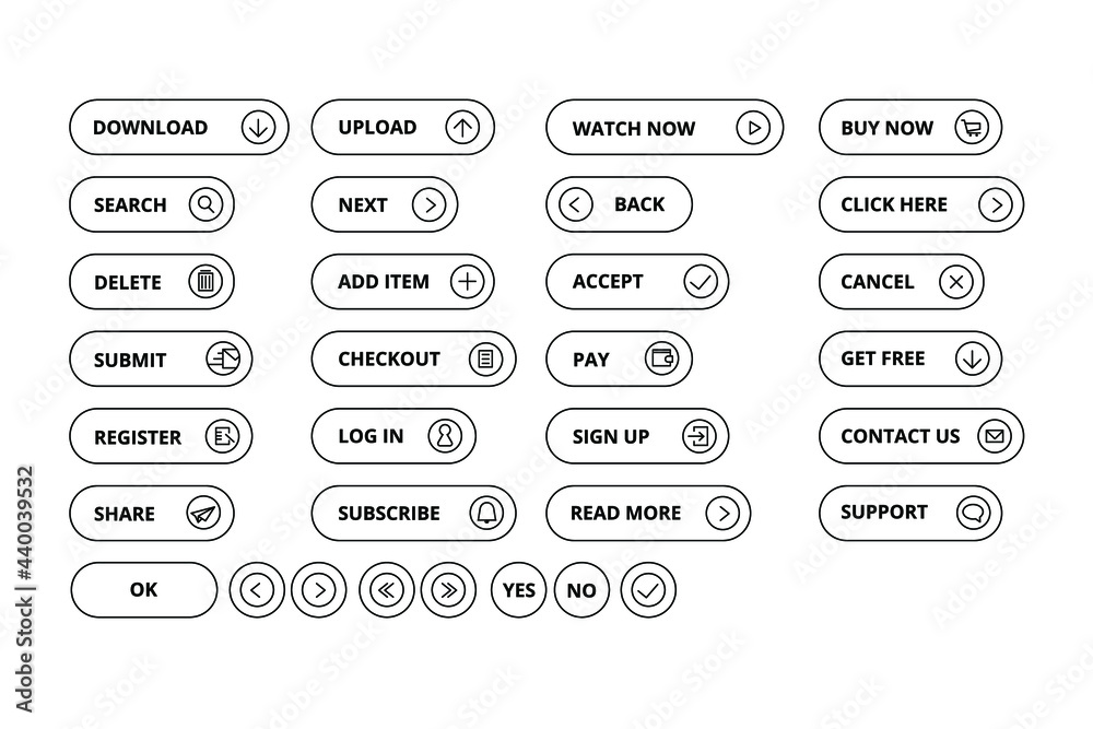 Set of vector rounded linear buttons with icons for website, online store and web application. Set of vector rounded linear buttons with icons for website, online store and web application.