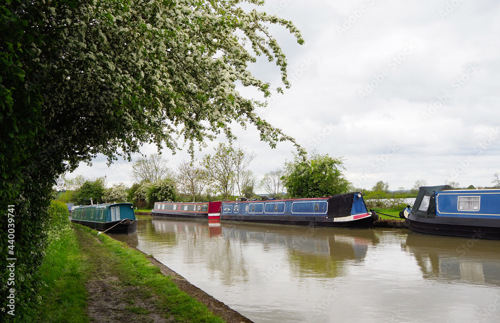 a variety of colourful narrowboats moored besides the canal