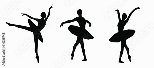 Ballerina silhouette. Poses of ballet. Black and white illustration with girls dancing