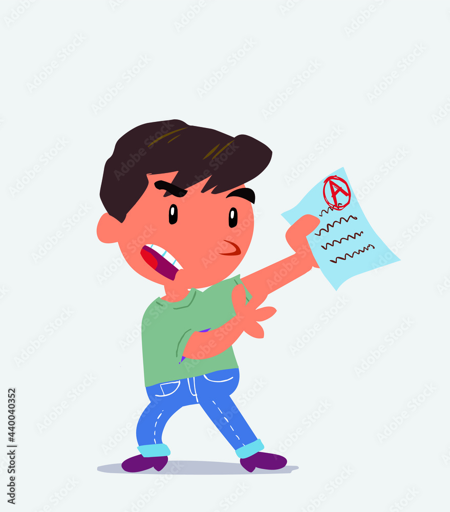 cartoon character of little boy on jeans arguing effusively with exam in hand. cartoon character of little boy on jeans arguing effusively with exam in hand.