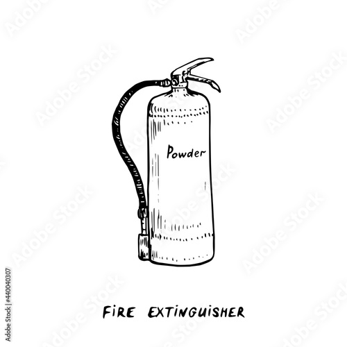 Powder fire extinguisher type, ink drawing illustration isolated on white wih handdwritten inscription