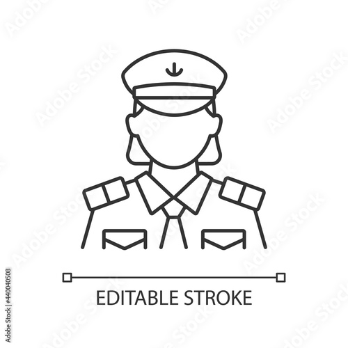 Female chief officer linear icon. Crew member of cruise. Making travel comfortable. Thin line customizable illustration. Contour symbol. Vector isolated outline drawing. Editable stroke