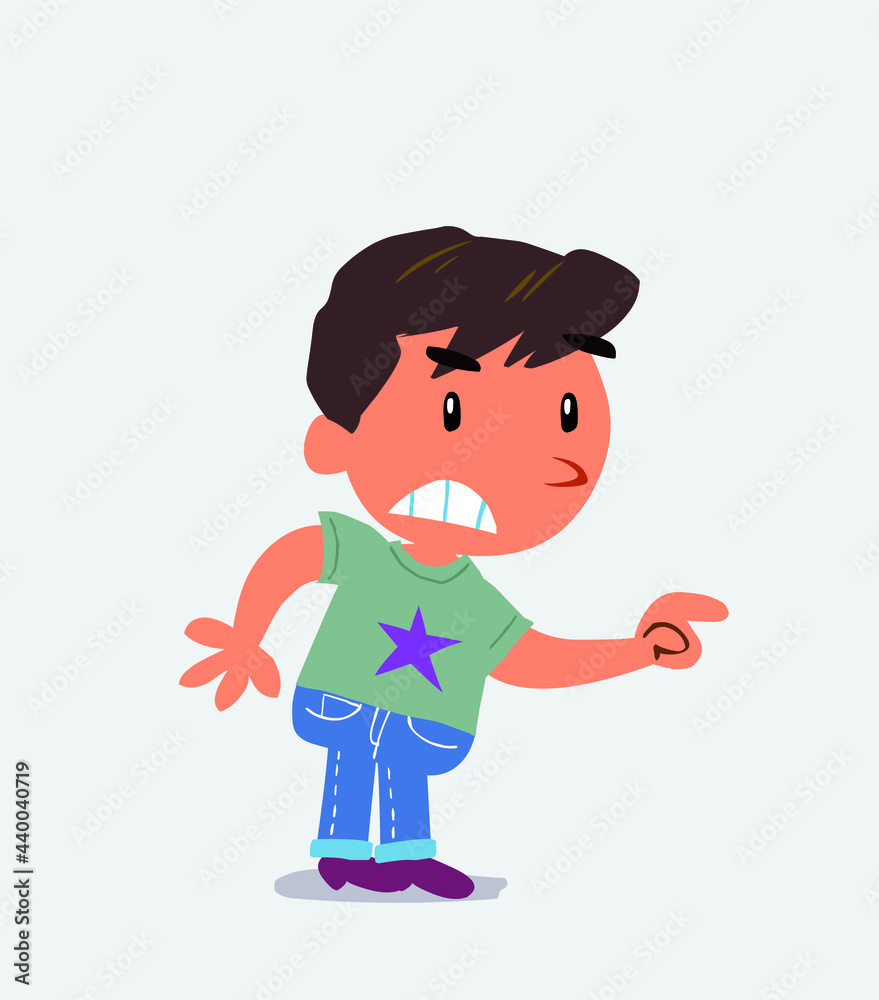  cartoon character of little boy on jeans pointing something aggressively