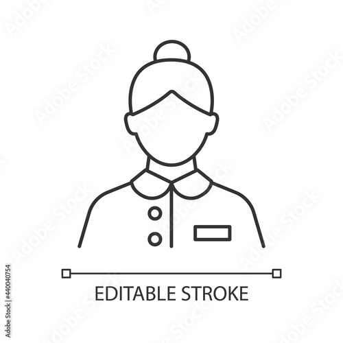 Cabin steward linear icon. Cleaning room of passengers during traveling. Helping guests. Thin line customizable illustration. Contour symbol. Vector isolated outline drawing. Editable stroke