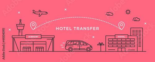 Vector linear illustration with airport building, hotel and minivan. Transfer from the airport to the hotel. 