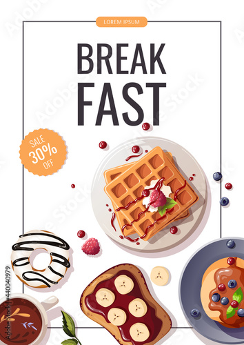 Promo flyer with Pancakes, belgian waffles, sweet toast, donut. Healthy eating, nutrition, cooking, breakfast menu, dessert, recipes concept. A4 vector illustration for banner, flyer, sale, poster.