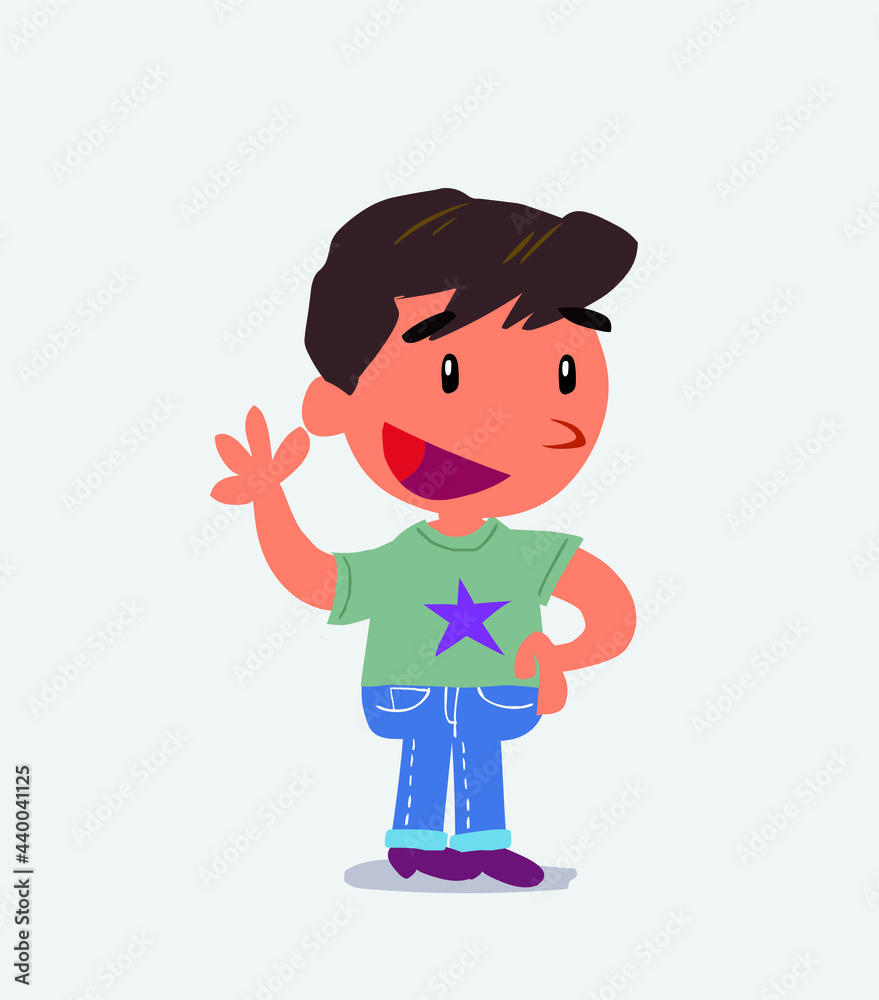 cartoon character of little boy on jeans waving happily.