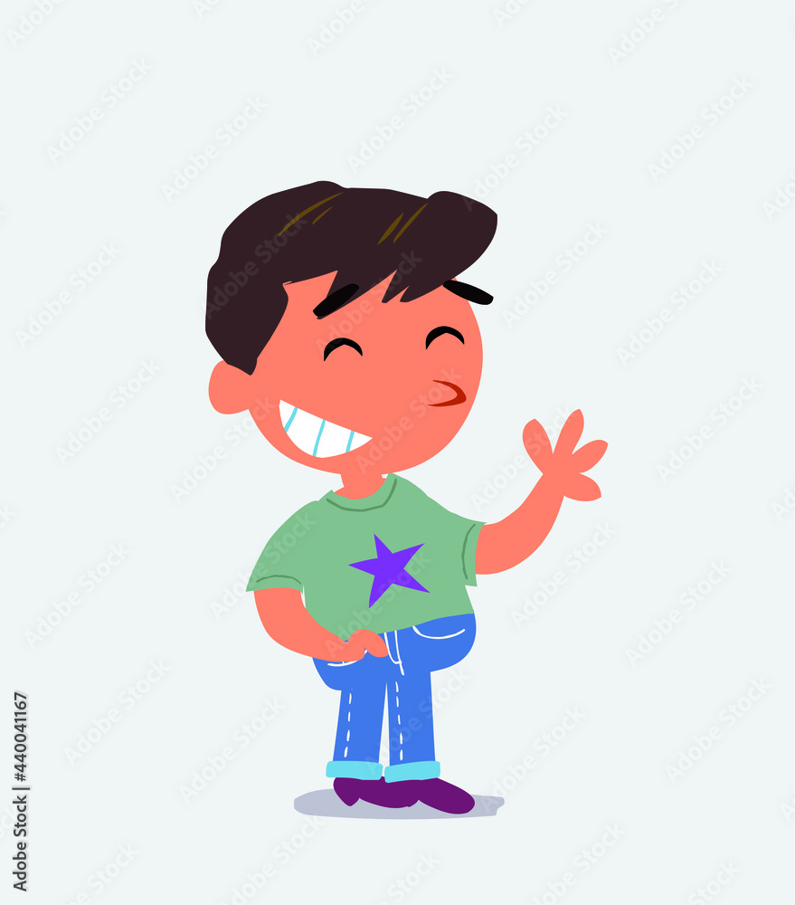 cartoon character of little boy on jeans waving informally while laughing