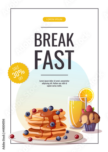 Promo sale banner with pancakes with berries  cupcake  orange juice. Healthy eating  nutrition  cooking  breakfast menu  dessert  recipes concept. Vector illustration for banner  poster  flyer  sale.
