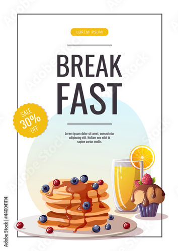 Promo sale banner with pancakes with berries, cupcake, orange juice. Healthy eating, nutrition, cooking, breakfast menu, dessert, recipes concept. Vector illustration for banner, poster, flyer, sale.