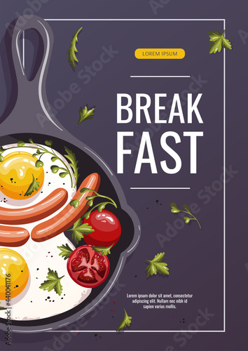 Promo banner with Pan with scrambled eggs, sausages, tomatos. Healthy eating, nutrition, diet, cooking, breakfast menu, fresh food concept. A4 vector illustration for banner, flyer, poster, menu.