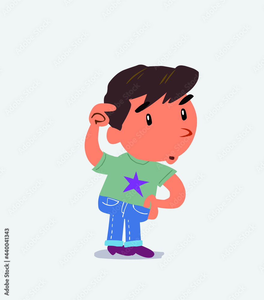 funny cartoon character of little boy on jeans doubting.