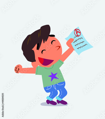 euphoric cartoon character of little boy on jeans raises his arms with exam in hand.