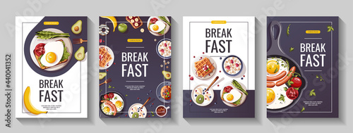 Set of promo flyers for Healthy eating, nutrition, cooking, breakfast menu, fresh food, dessert, diet, pastry, cuisine. A4 vector illustration for banner, flyer, cover, advertising, menu, poster.