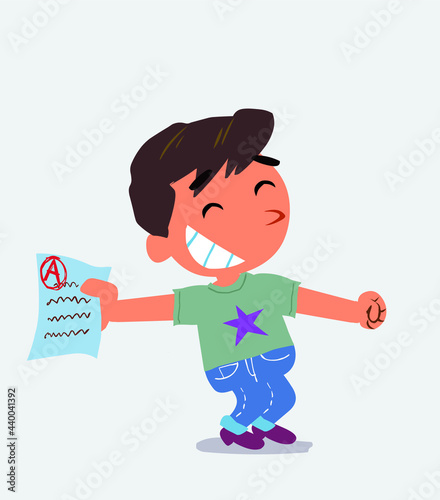 happy cartoon character of little boy on jeans rejoices with exam in hand