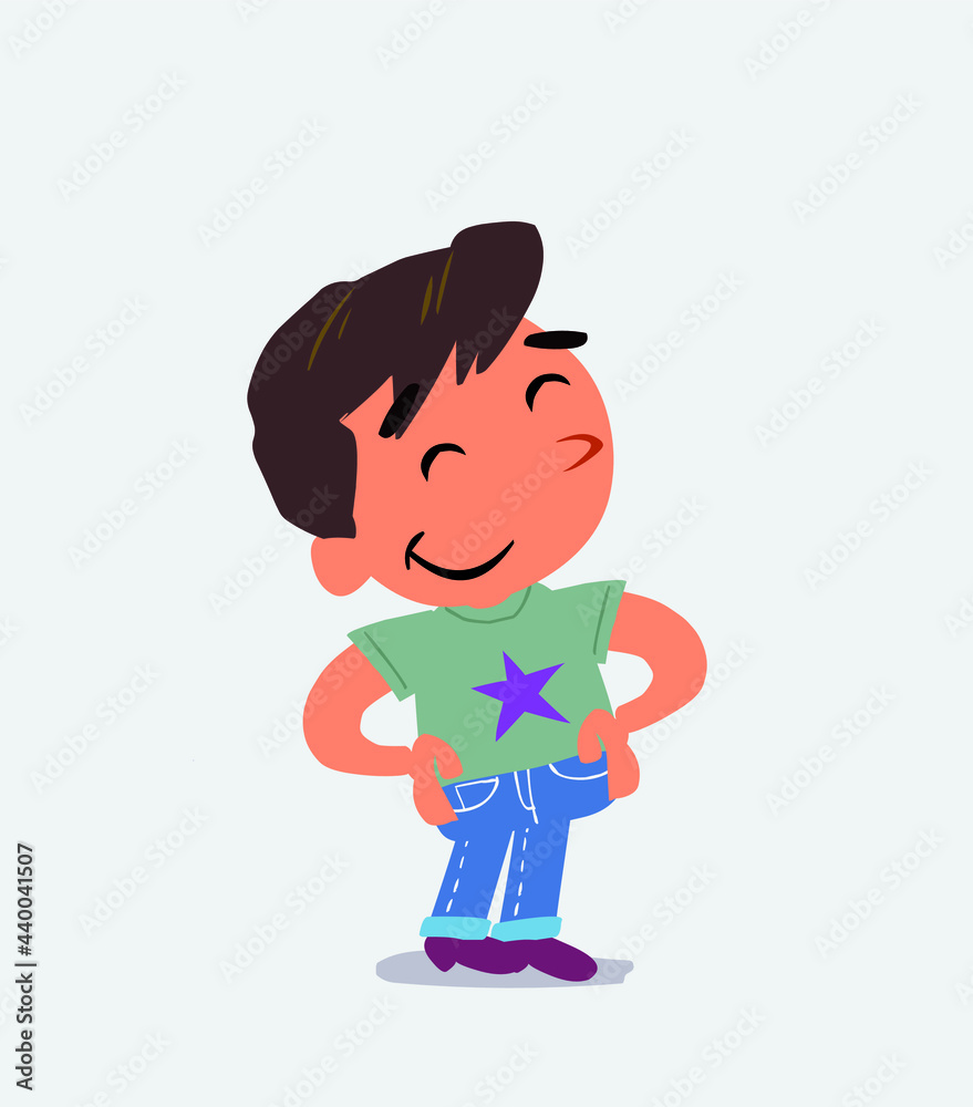 Satisfied cartoon character of little boy on jeans.