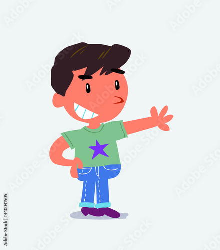  Pleased cartoon character of little boy on jeans points to something.