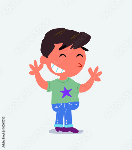 very happy cartoon character of little boy on jeans with a exam in hand.