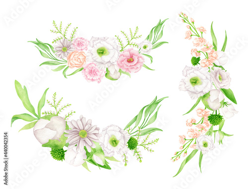 Fototapeta Naklejka Na Ścianę i Meble -  Watercolor flowers and greenery arrangement set. Hand painted bouquets isolated on white. Botanical drawing. Floral compositions with pale blush and white flowers for wedding invitations, cards