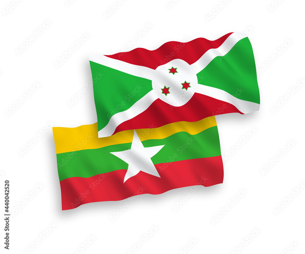 National vector fabric wave flags of Burundi and Myanmar isolated on white background. 1 to 2 proportion. National vector fabric wave flags of Burundi and Myanmar isolated on white background. 1 to 2 proportion.