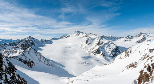 Solden, GLACIER, AUSTRIA. Panorama of the Solden Glacier in Austria and view of the ski gondola lift. © ryszard filipowicz