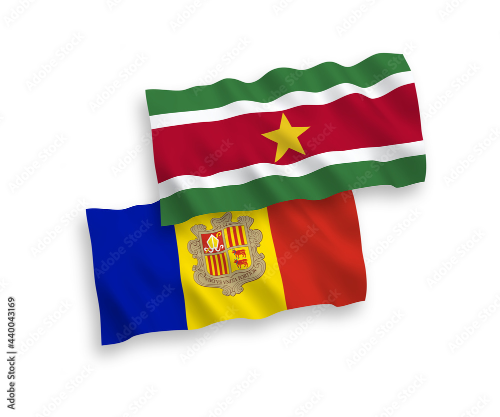National vector fabric wave flags of Republic of Suriname and Andorra isolated on white background. 1 to 2 proportion.