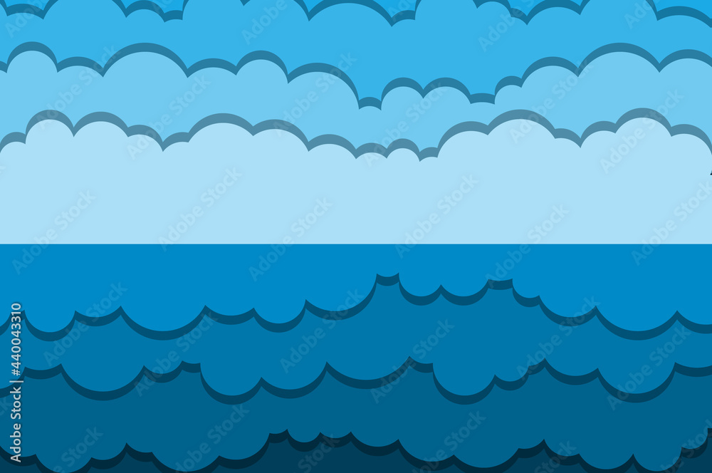 Shore of a reservoir in paper cut style. Vector 3d sea waves in blue sky cut out from cardboard. Blue paper cut layer background for decoration and covering. Ocean. Sea. Resort. Vector illustration Shore of a reservoir in paper cut style. Vector 3d sea waves in blue sky cut out from cardboard. Blue paper cut layer background for decoration and covering. Ocean. Sea. Resort. Vector illustration
