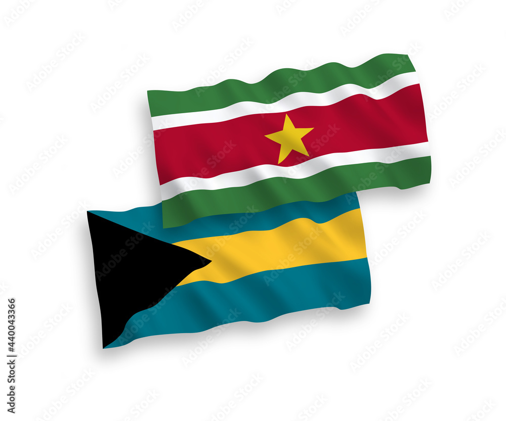 National vector fabric wave flags of Republic of Suriname and Commonwealth of The Bahamas isolated on white background. 1 to 2 proportion.