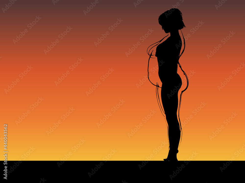Vector conceptual fat overweight obese female vs slim fit healthy body after weight loss or diet with muscles thin young woman over sunset. Fitness, nutrition or fatness obesity, health shape
