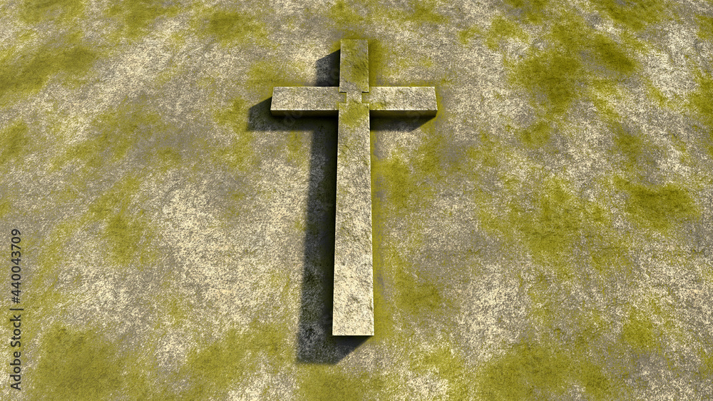 Concept or conceptual green stone cross on a vintage grungy stone background. 3d illustration metaphor for God, Christ, Christianity,  religious, faith, holy, spiritual, Jesus, belief or resurection