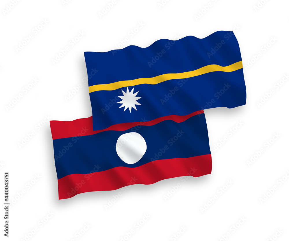Fototapeta premium National vector fabric wave flags of Republic of Nauru and Laos isolated on white background. 1 to 2 proportion.