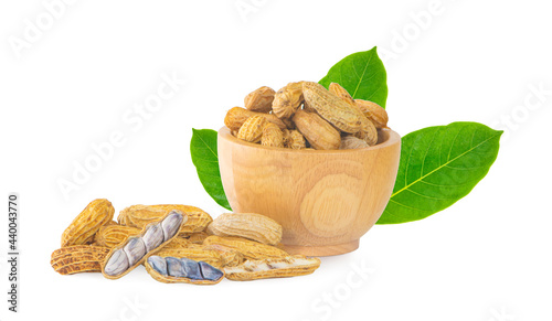 peanuts boil in wooden bowl an isolated on white background
