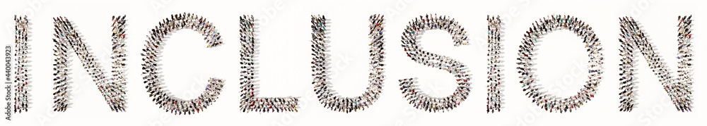 Concept or conceptual large community of people forming INCLUSION word. 3d illustration metaphor for diversity, equality, integration, community, education, tolerance and love, teamwork, business Concept or conceptual large community of people forming INCLUSION word. 3d illustration metaphor for diversity, equality, integration, community, education, tolerance and love, teamwork, business
