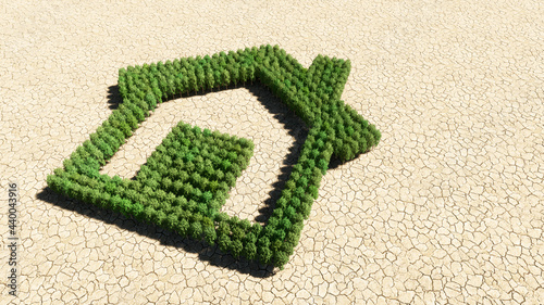 Concept or conceptual group of green forest tree on dry ground background, home button sign. 3d illustration metaphor metaphor for investment, real estate, construction, mortgage, residential